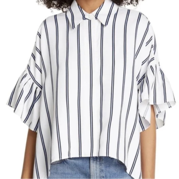 Alice + Olivia Tops - Alice and Olivia Edyth White Striped Ruffle Top Blouse